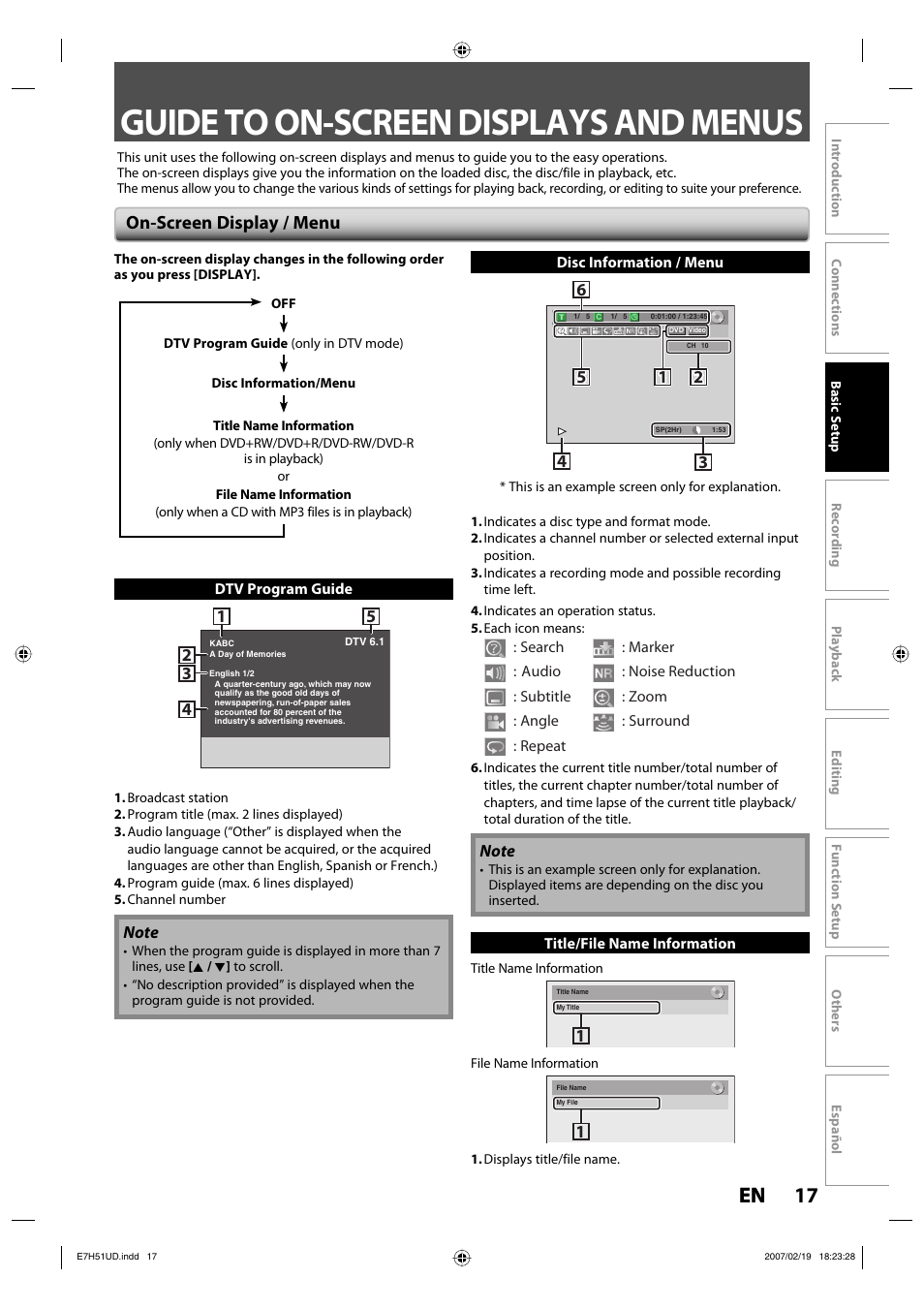Guide to on-screen displays and menus, 17 en 17 en, On-screen display / menu | FUNAI ZC350MS8 User Manual | Page 17 / 102