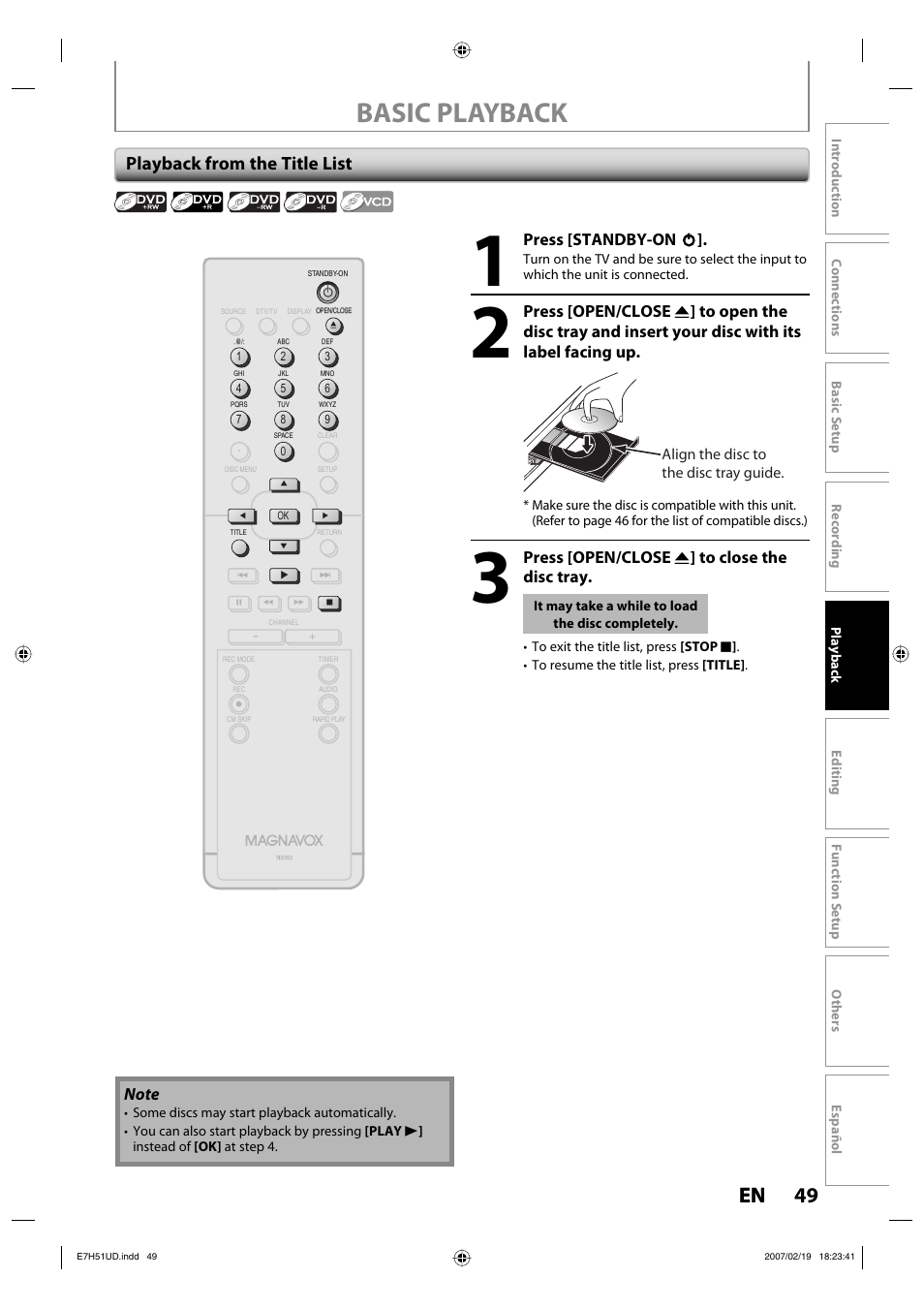 Basic playback, 49 en 49 en, Playback from the title list | Press [standby-on y y, Press [open/close a ] to close the disc tray | FUNAI ZC350MS8 User Manual | Page 49 / 102