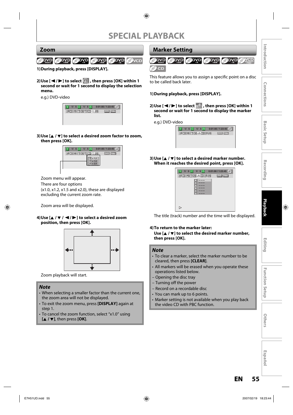Special playback, 55 en 55 en, Zoom | Marker setting | FUNAI ZC350MS8 User Manual | Page 55 / 102