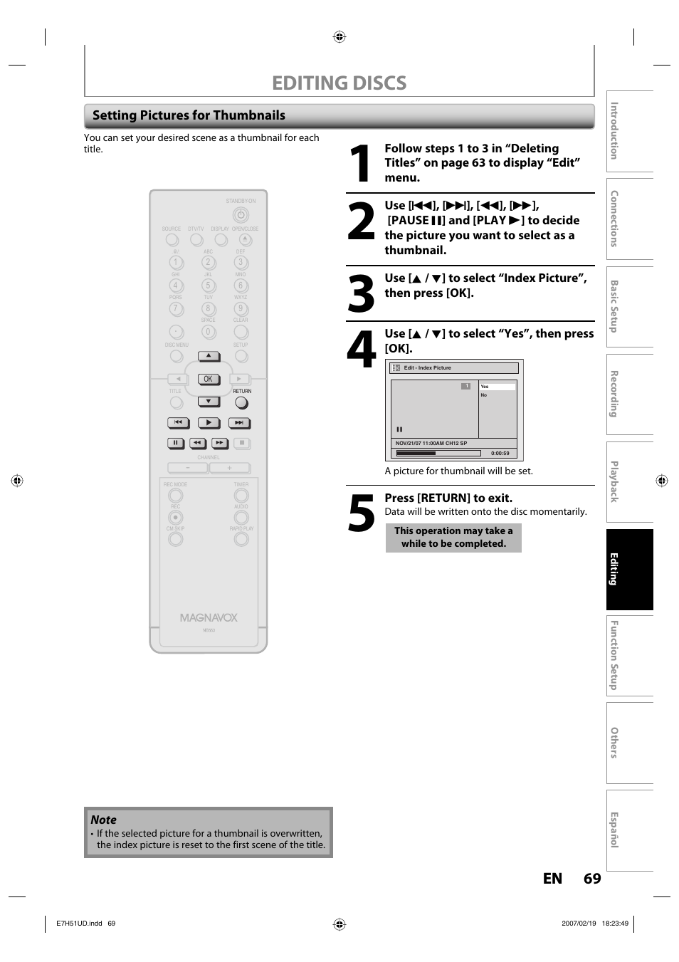 Editing discs, 69 en 69 en, Setting pictures for thumbnails | FUNAI ZC350MS8 User Manual | Page 69 / 102