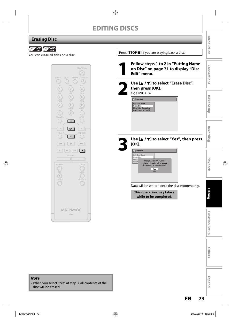 Editing discs, 73 en 73 en, Erasing disc | Use [ k / l ] to select “yes”, then press [ok | FUNAI ZC350MS8 User Manual | Page 73 / 102