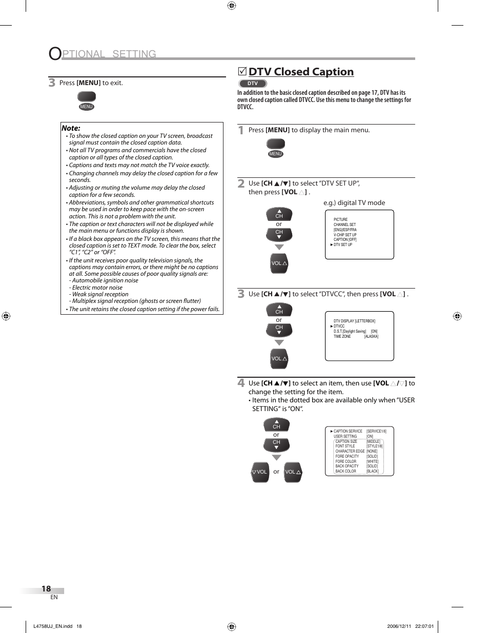 Ptional setting, Dtv closed caption | FUNAI CR270TT8 User Manual | Page 18 / 56