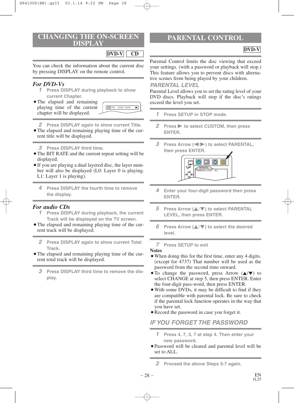 Changing the on-screen display, Parental control | FUNAI Emerson EWD2203 User Manual | Page 28 / 44