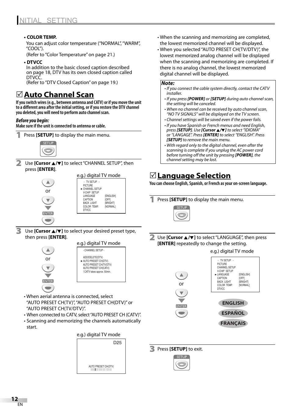 Nitial setting, Auto channel scan, Language selection | FUNAI V07LCD15 User Manual | Page 12 / 28
