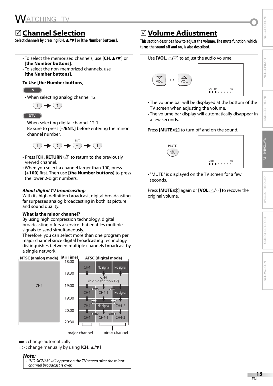 Atching tv, Channel selection, 5volume adjustment | FUNAI V07LCD15 User Manual | Page 13 / 28