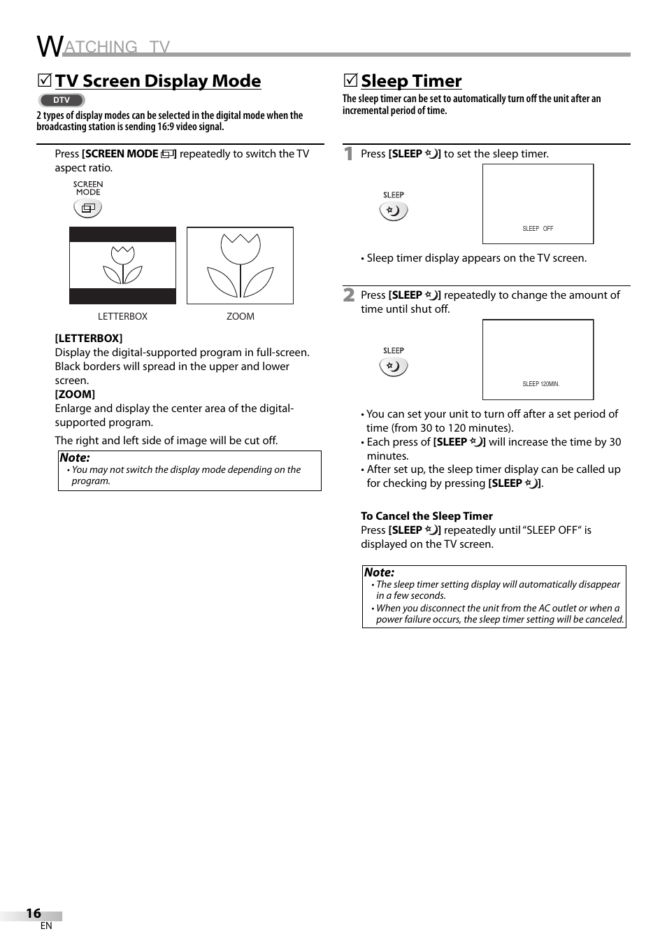 Atching tv, Tv screen display mode, 5sleep timer | FUNAI V07LCD15 User Manual | Page 16 / 28