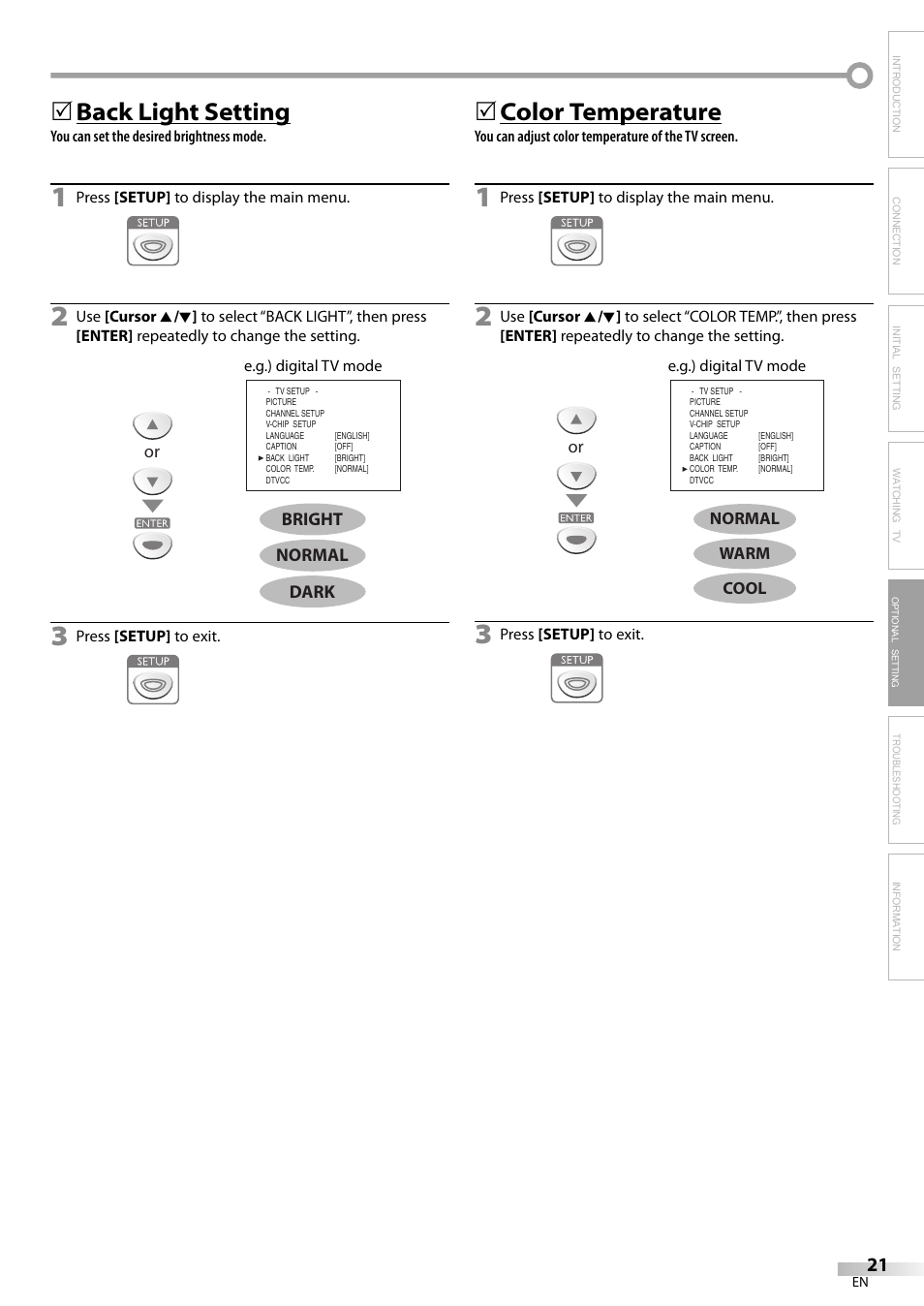 Back light setting, 5color temperature | FUNAI V07LCD15 User Manual | Page 21 / 28