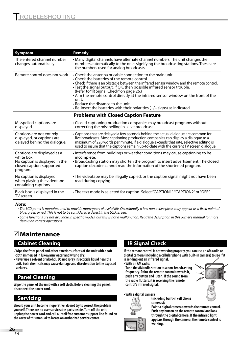 Roubleshooting, Maintenance 5, Cabinet cleaning | Panel cleaning, Servicing, Ir signal check | FUNAI V07LCD15 User Manual | Page 26 / 28