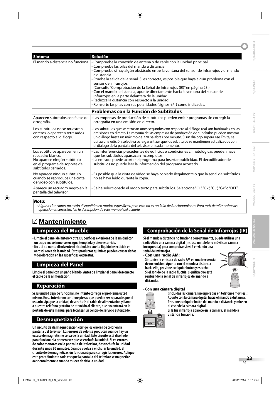 Mantenimiento 5, Limpieza del mueble, Limpieza del panel | Reparación, Desmagnetización, Comprobación de la señal de infrarrojos (ir) | FUNAI CR202TT9 User Manual | Page 49 / 80