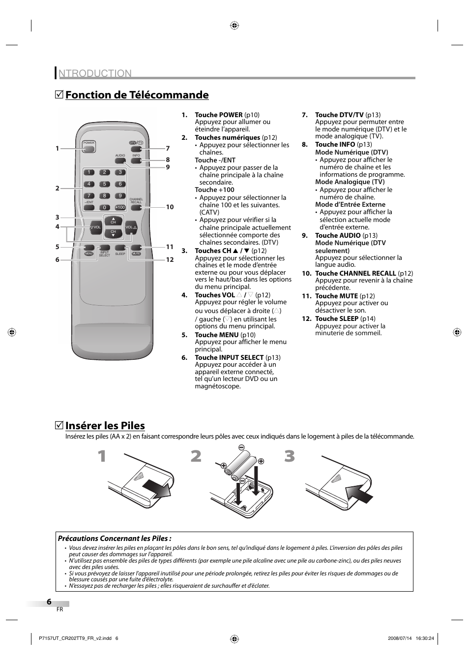 Ntroduction, Fonction de télécommande 5, Insérer les piles | FUNAI CR202TT9 User Manual | Page 58 / 80