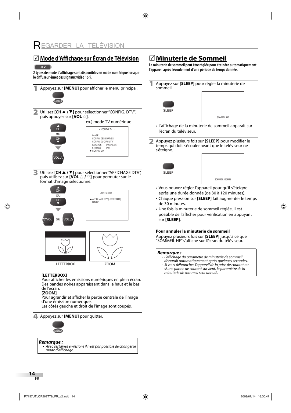 Egarder la télévision, Mode d’affichage sur écran de télévision, 5minuterie de sommeil | FUNAI CR202TT9 User Manual | Page 66 / 80