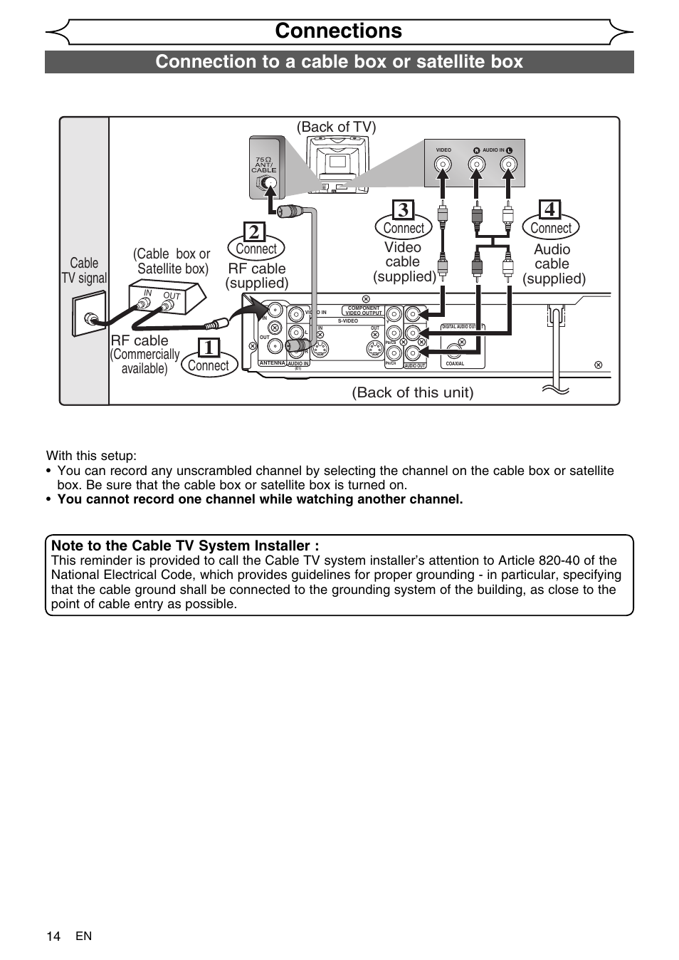 Connections, Connection to a cable box or satellite box | FUNAI SV2000 WV10D6 User Manual | Page 14 / 82