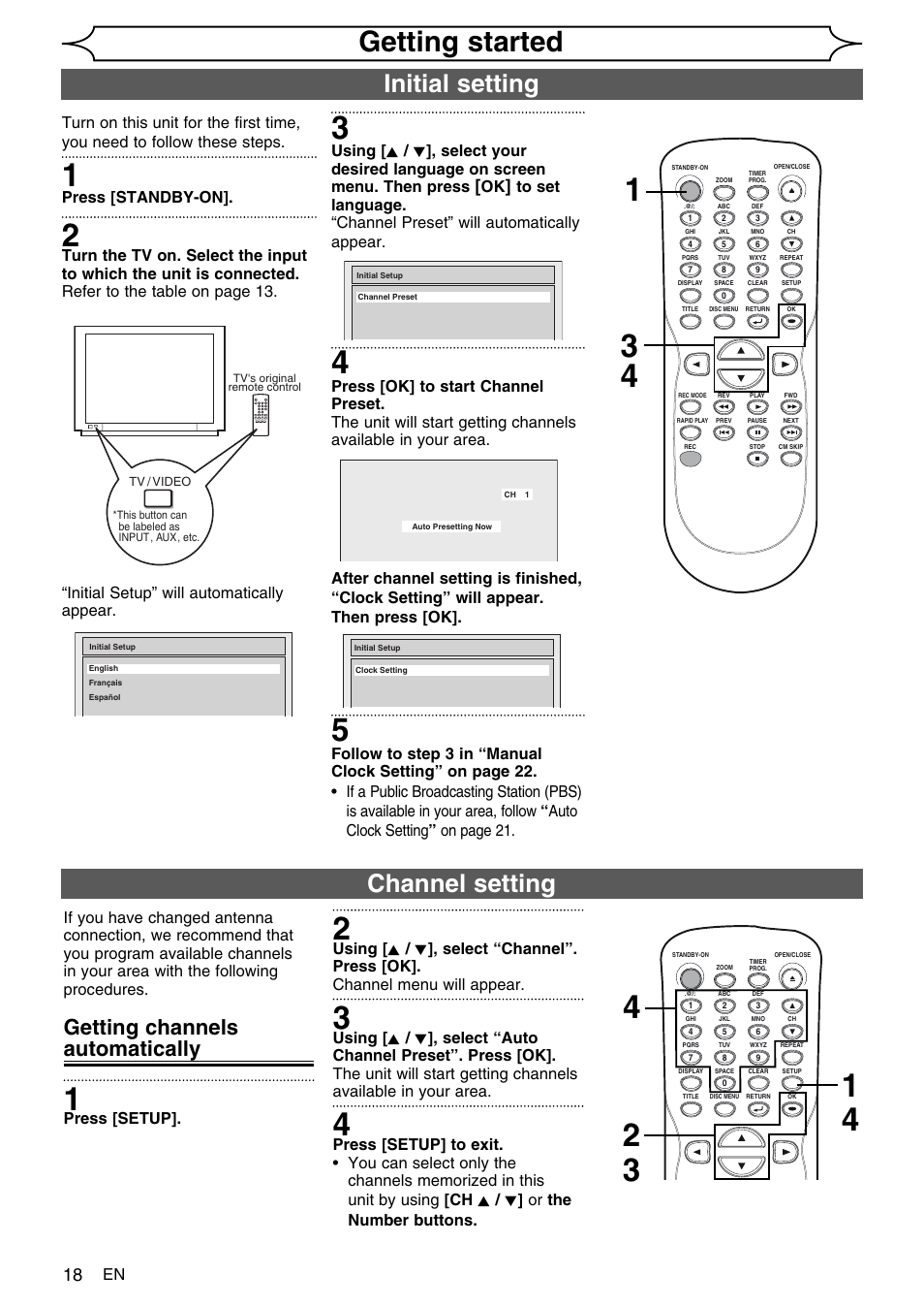 Getting started, Initial setting, Channel setting | Getting channels automatically, Press [standby-on, Press [setup | FUNAI SV2000 WV10D6 User Manual | Page 18 / 82