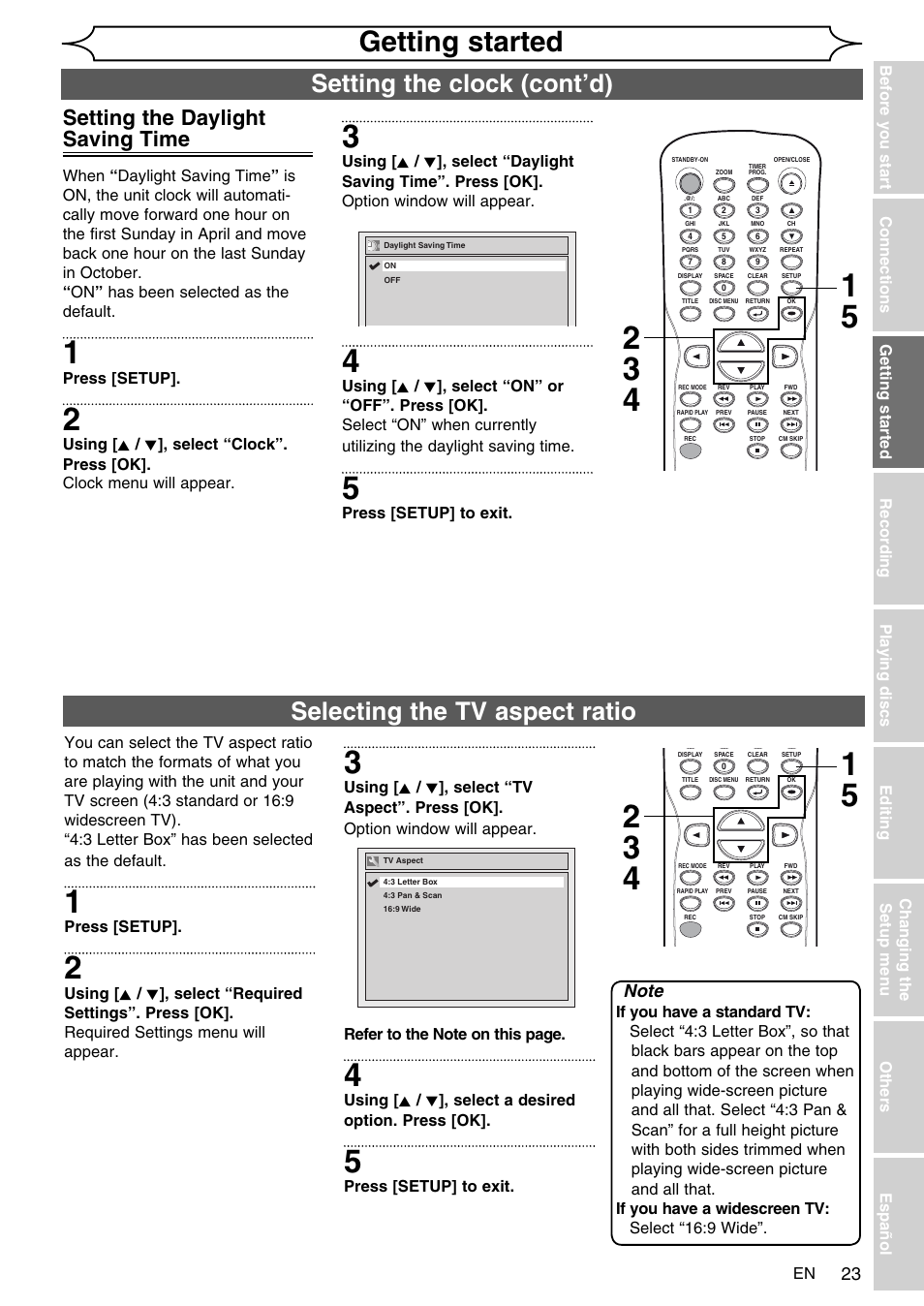 Getting started, Setting the clock (cont’d), Selecting the tv aspect ratio | Setting the daylight saving time | FUNAI SV2000 WV10D6 User Manual | Page 23 / 82