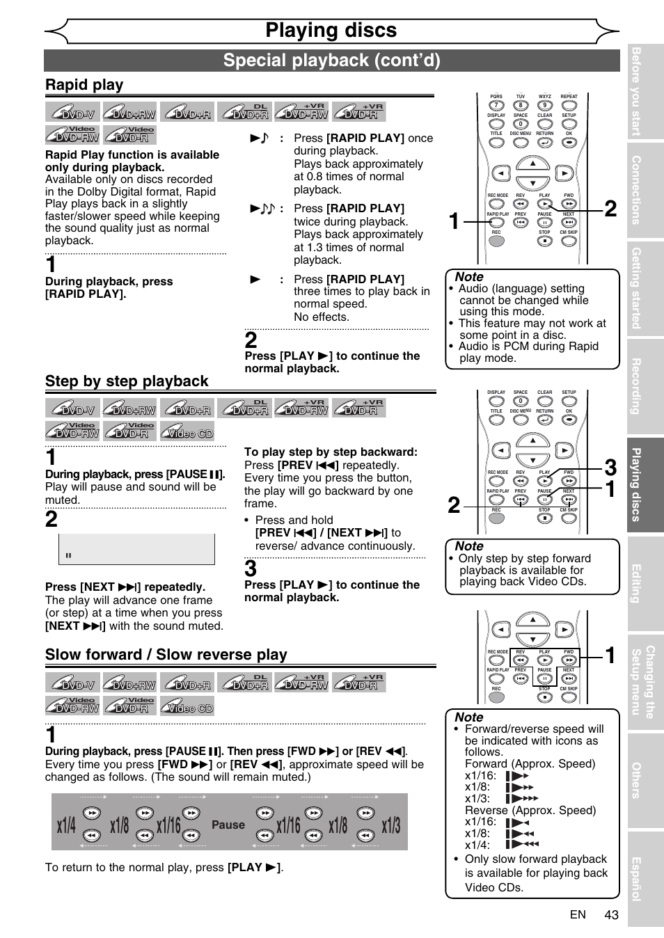 X1/8, Playing discs, Special playback (cont’d) | Slow forward / slow reverse play, Rapid play, Step by step playback | FUNAI SV2000 WV10D6 User Manual | Page 43 / 82
