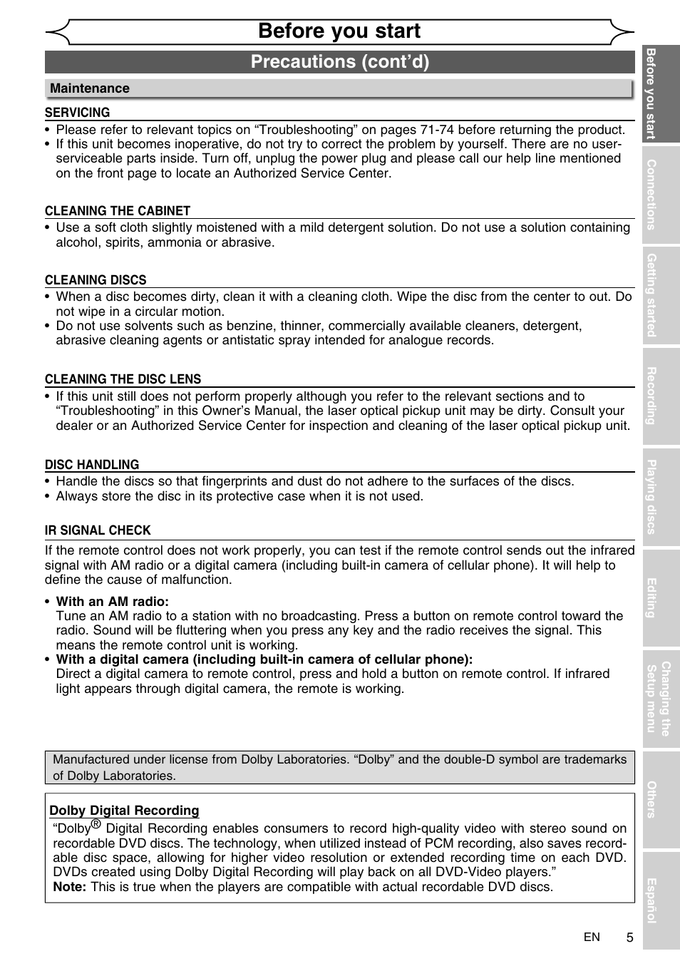 Before you start, Precautions (cont’d) | FUNAI SV2000 WV10D6 User Manual | Page 5 / 82