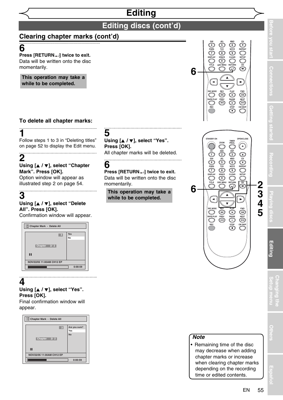 Editing, Editing discs (cont’d), Clearing chapter marks (cont’d) | Data will be written onto the disc momentarily, This operation may take a while to be completed, Press [return ] twice to exit | FUNAI SV2000 WV10D6 User Manual | Page 55 / 82