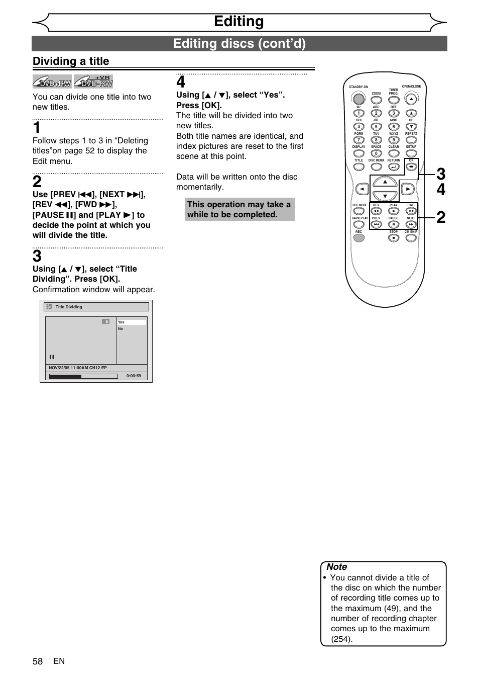 Editing, Editing discs (cont’d), Dividing a title | You can divide one title into two new titles | FUNAI SV2000 WV10D6 User Manual | Page 58 / 82
