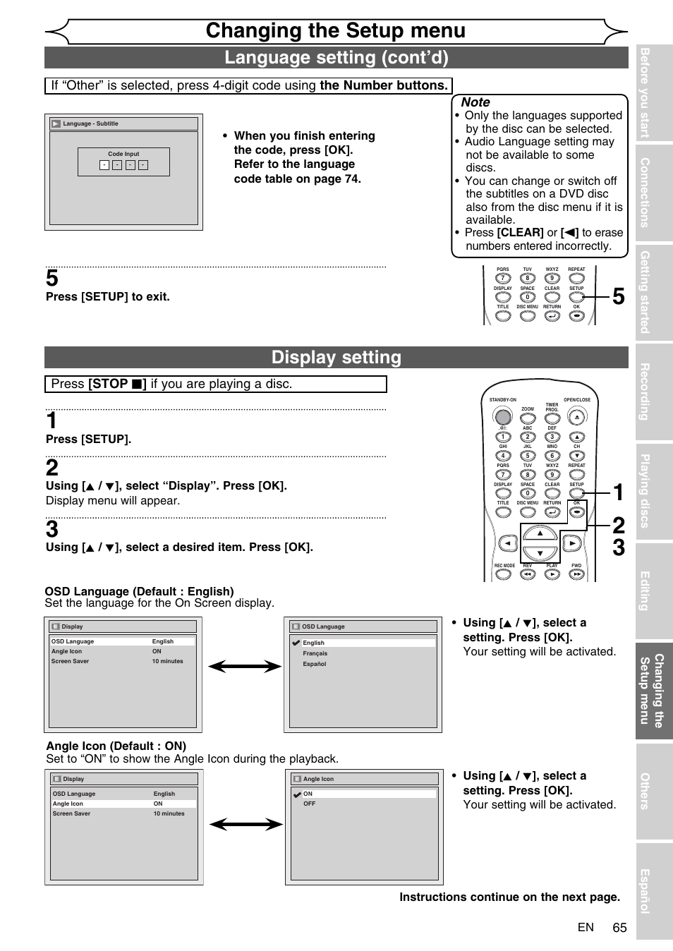 Changing the setup menu, Display setting, Language setting (cont’d) | Press [stop c ] if you are playing a disc, Press [setup] to exit, Press [setup, Using [ k / l ], select a desired item. press [ok | FUNAI SV2000 WV10D6 User Manual | Page 65 / 82