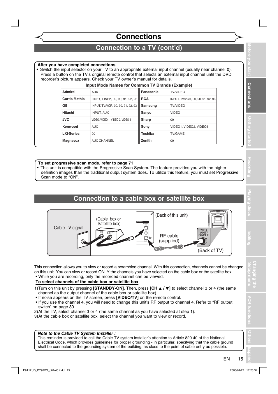 Connections, Connection to a cable box or satellite box, Connection to a tv (cont’d) | Rf cable (supplied) (back of this unit) | FUNAI PY90VG User Manual | Page 15 / 90
