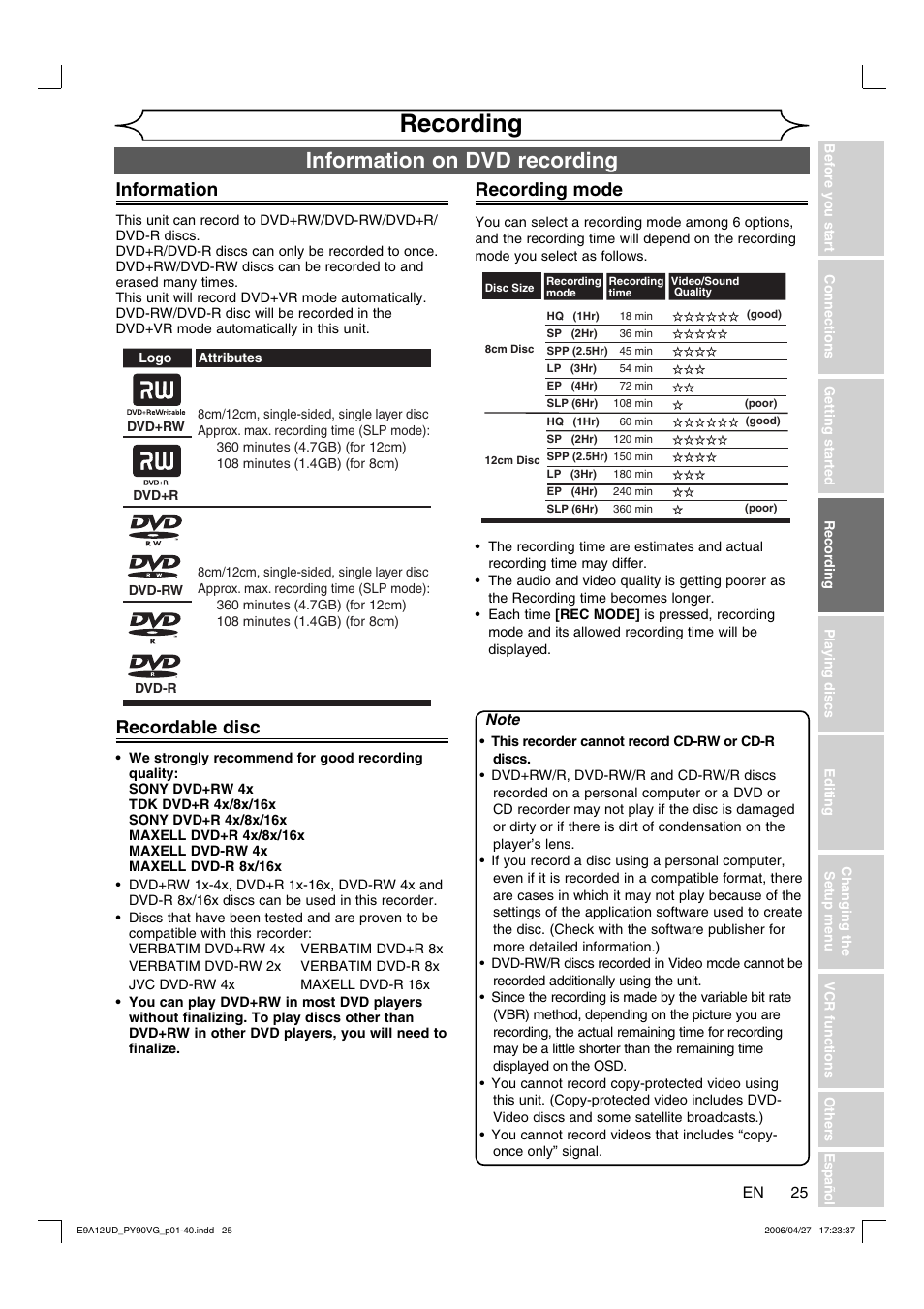 Recording, Information on dvd recording, Information | Recordable disc, Recording mode | FUNAI PY90VG User Manual | Page 25 / 90