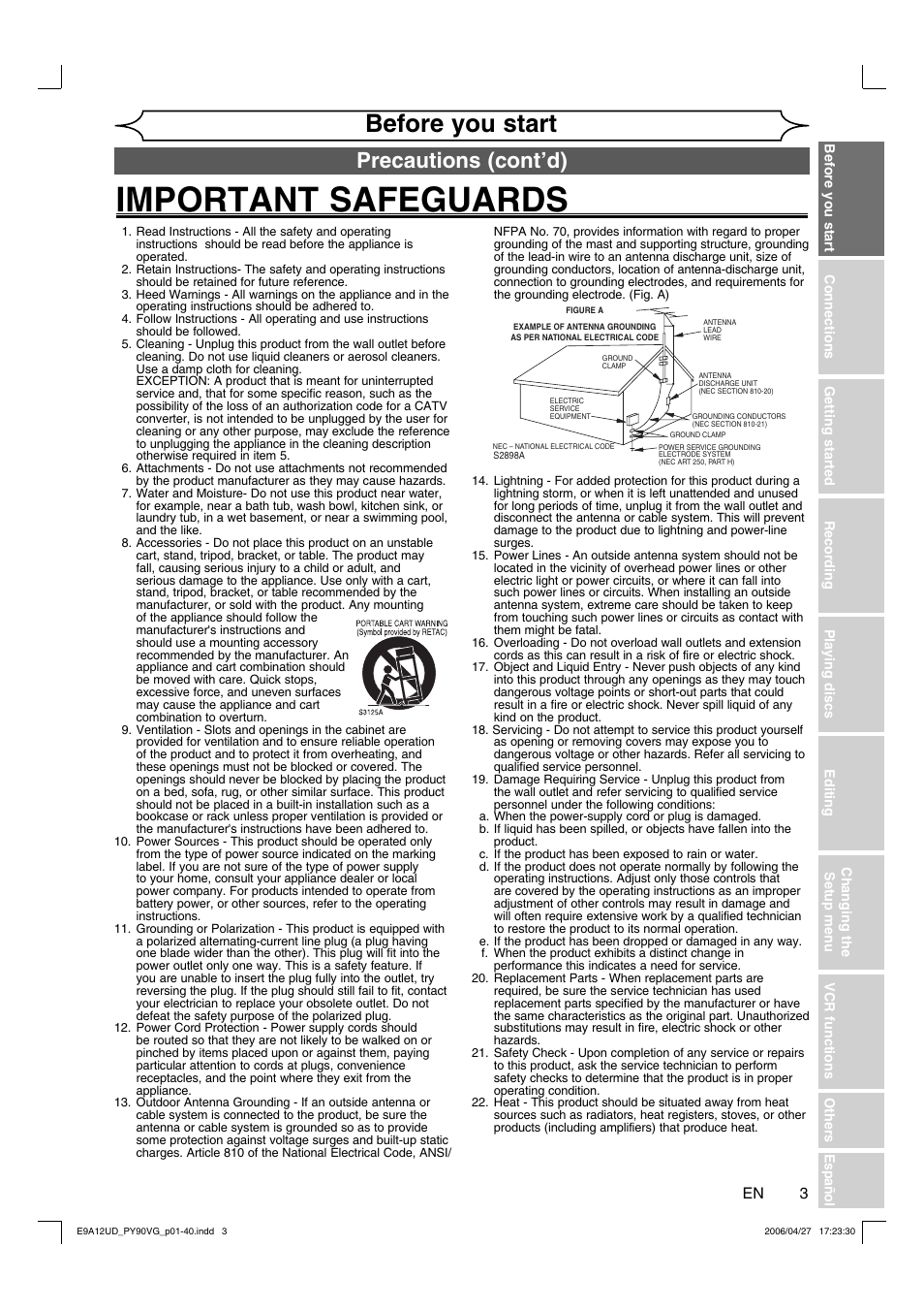 Important safeguards, Before you start, Precautions (cont’d) | FUNAI PY90VG User Manual | Page 3 / 90