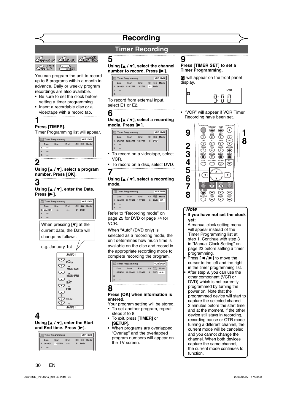 Recording, Timer recording, 30 en | Press [timer]. timer programming list will appear, Using [ k / l ], enter the date. press [ b, Using [ k / l ], select a recording mode | FUNAI PY90VG User Manual | Page 30 / 90