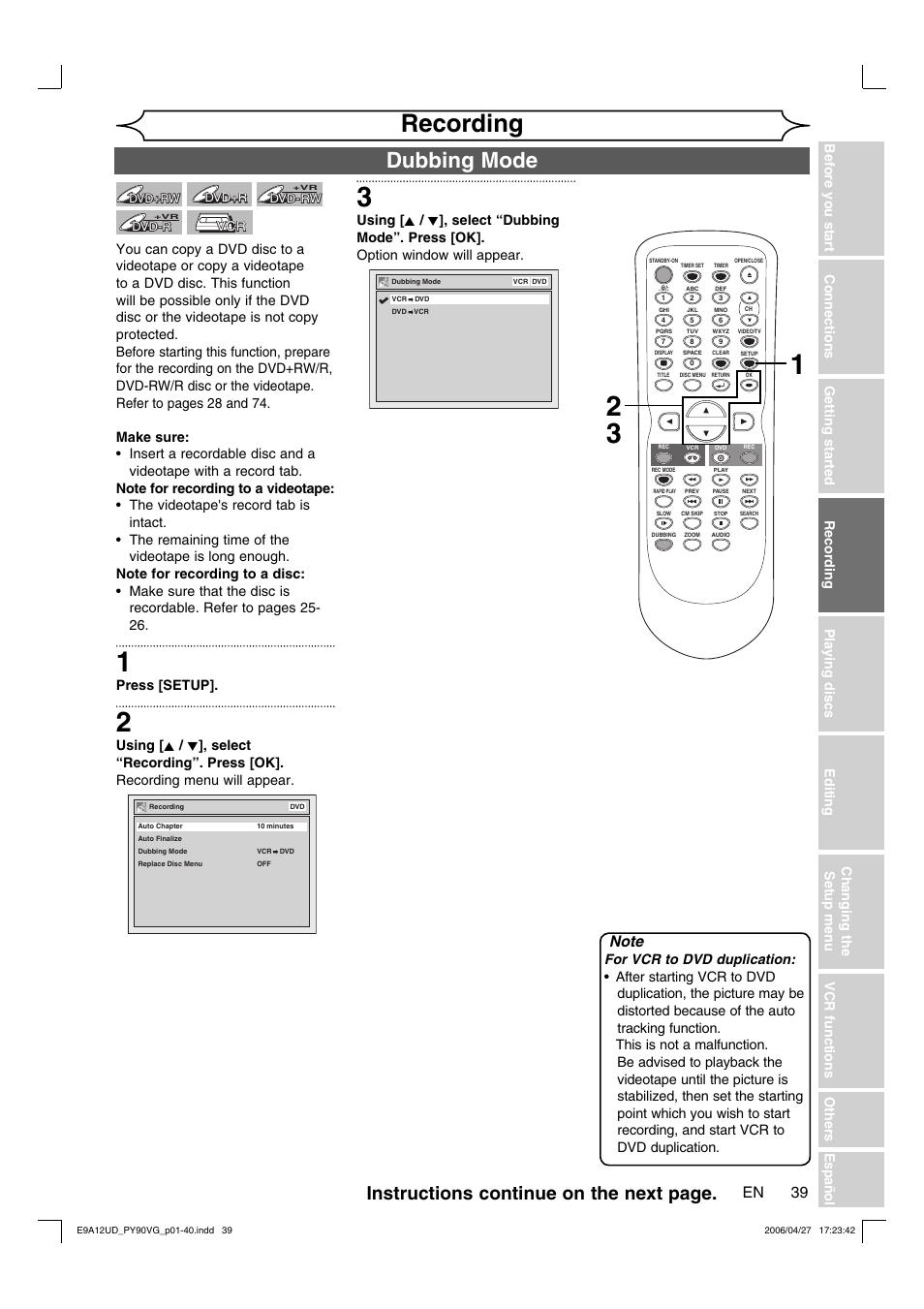 Recording, Dubbing mode, Instructions continue on the next page | Press [setup | FUNAI PY90VG User Manual | Page 39 / 90