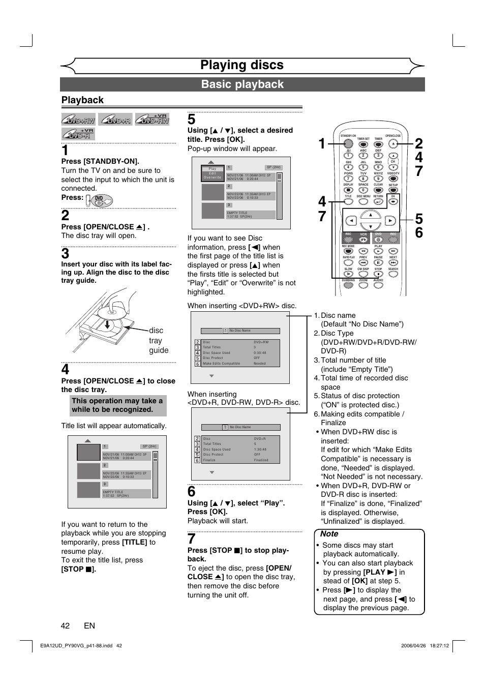 Playing discs, Basic playback, Playback | 42 en, Disc tray guide | FUNAI PY90VG User Manual | Page 42 / 90