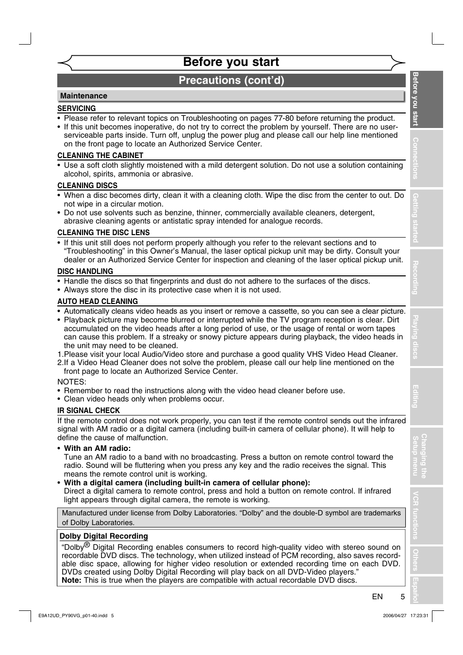 Before you start, Precautions (cont’d) | FUNAI PY90VG User Manual | Page 5 / 90