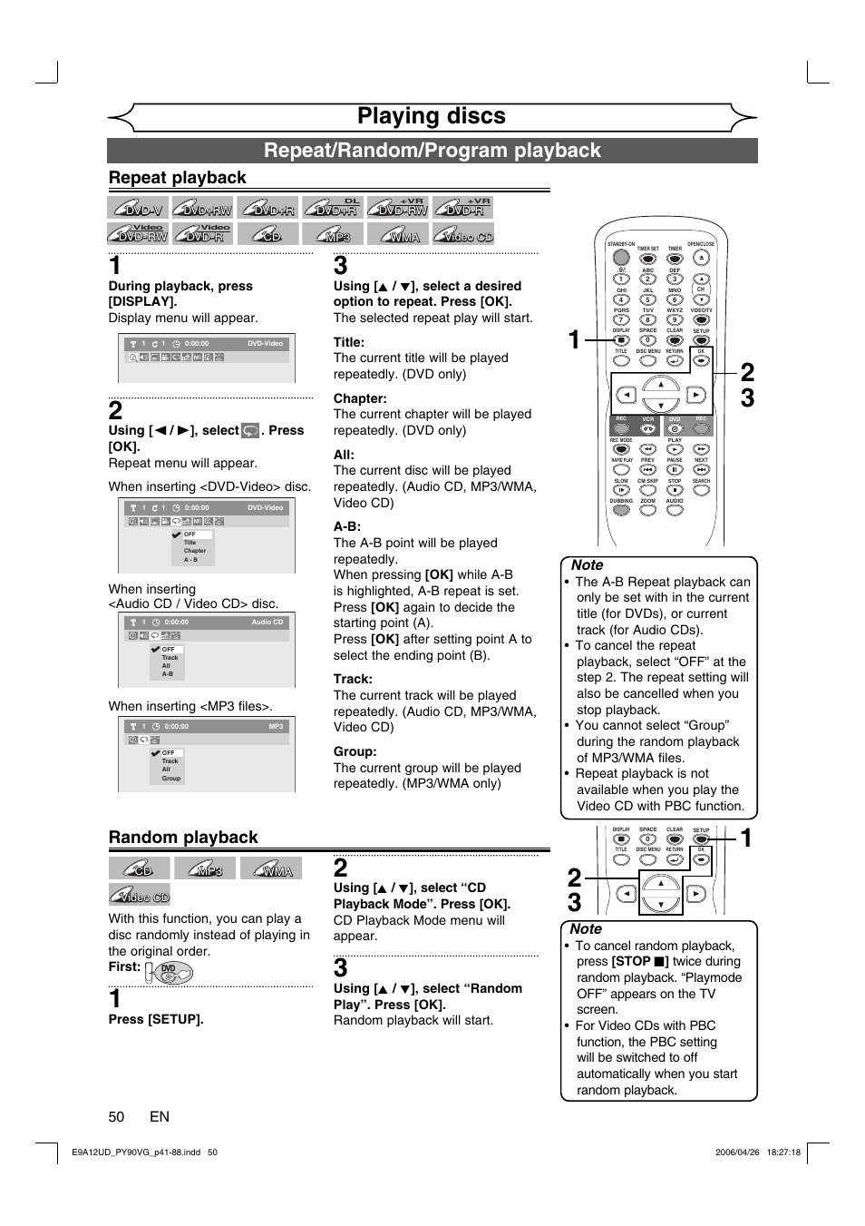 Playing discs, Repeat/random/program playback, Repeat playback | Random playback, 50 en | FUNAI PY90VG User Manual | Page 50 / 90