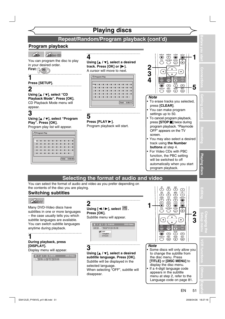 Playing discs, Selecting the format of audio and video, Repeat/random/program playback (cont’d) | Program playback, Switching subtitles, Press [setup, Press [play b ]. program playback will start | FUNAI PY90VG User Manual | Page 51 / 90
