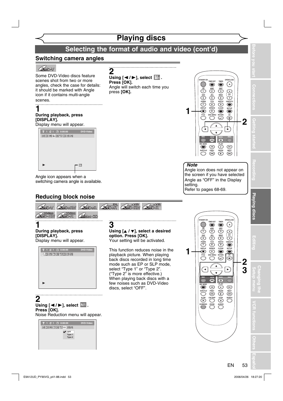 Playing discs, Selecting the format of audio and video (cont’d), Switching camera angles | Reducing block noise | FUNAI PY90VG User Manual | Page 53 / 90