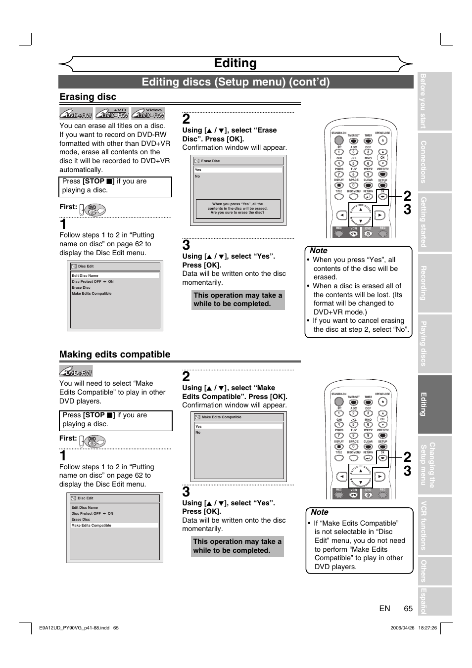 Editing, Editing discs (setup menu) (cont’d), Erasing disc | Making edits compatible, Press [stop c ] if you are playing a disc | FUNAI PY90VG User Manual | Page 65 / 90