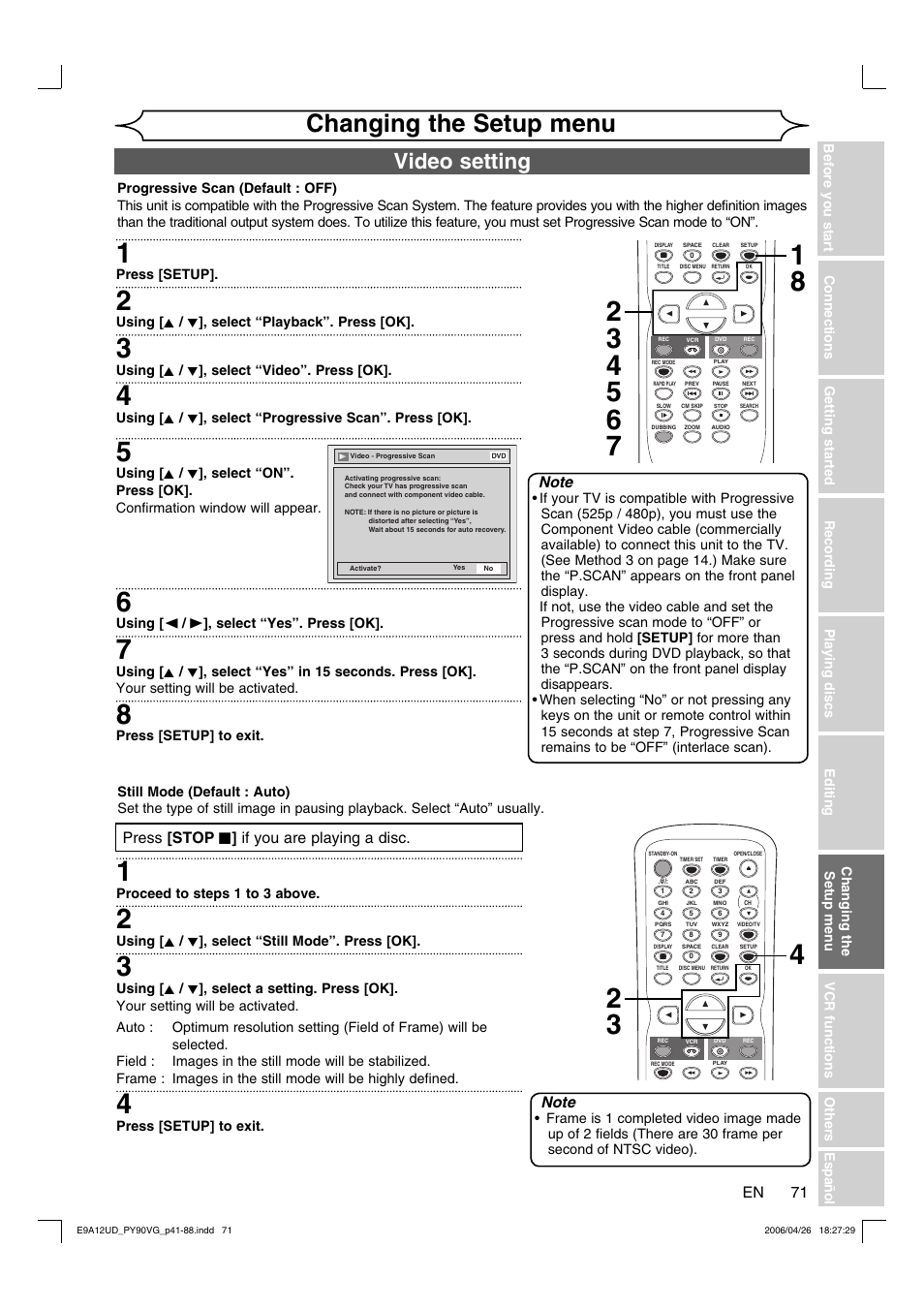 Changing the setup menu, Video setting | FUNAI PY90VG User Manual | Page 71 / 90