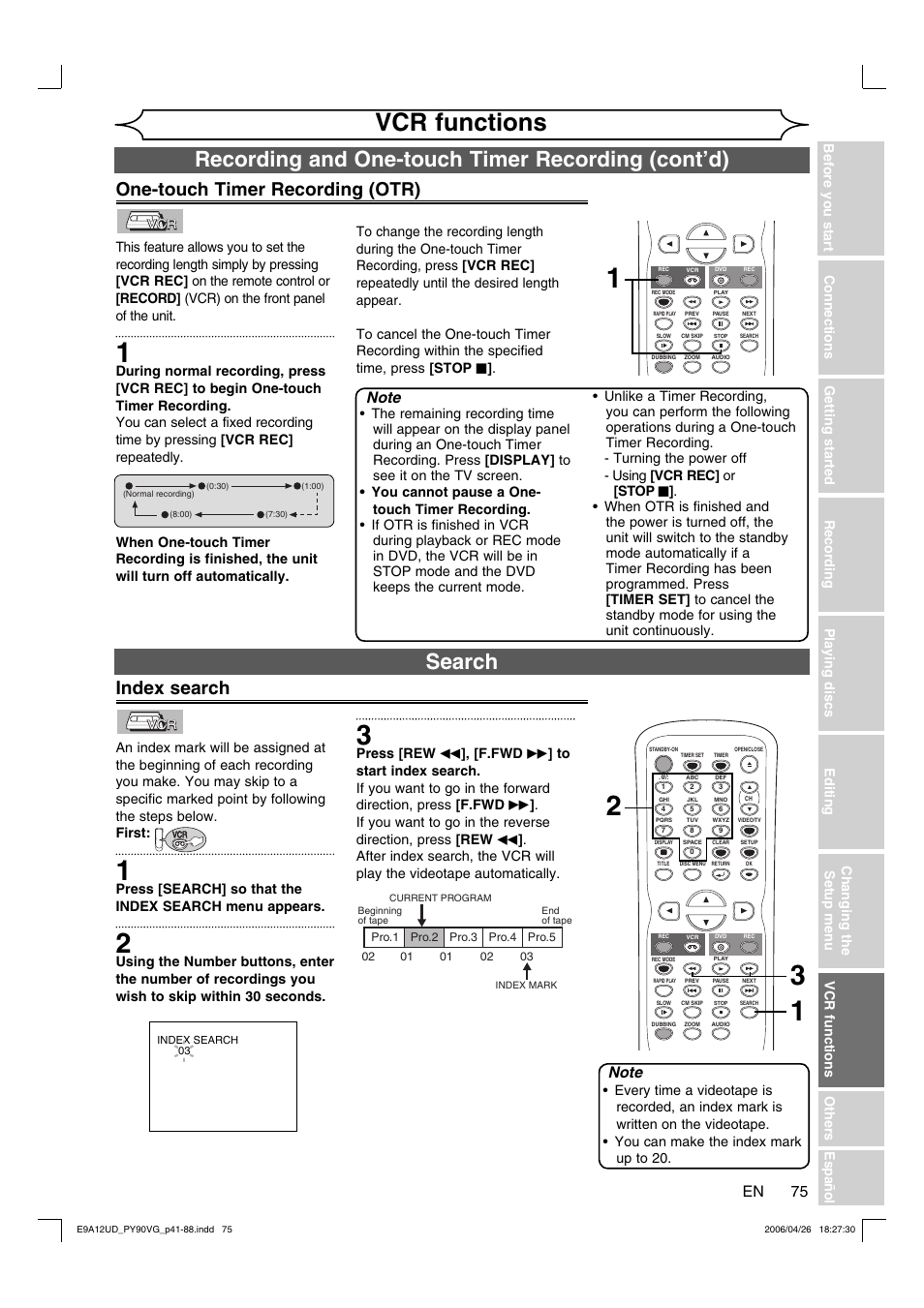 Vcr functions, Recording and one-touch timer recording (cont’d), Search | One-touch timer recording (otr), Index search | FUNAI PY90VG User Manual | Page 75 / 90