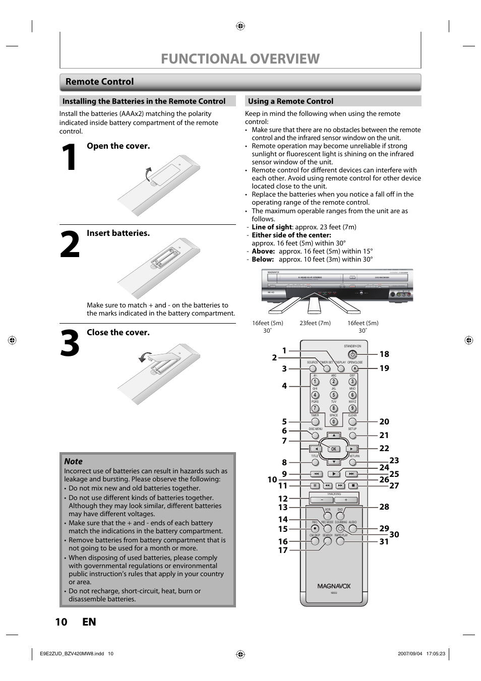 Functional overview, 10 en 10 en, Remote control | Open the cover, Insert batteries, Close the cover | FUNAI BZV420MW8 User Manual | Page 12 / 94