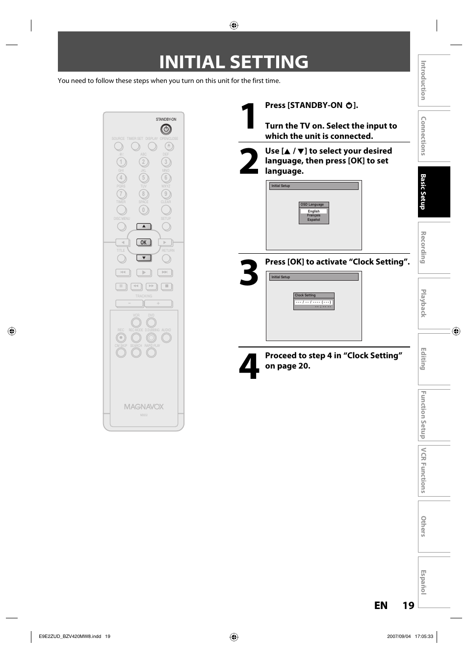 Initial setting, 19 en 19 en, Press [ok] to activate “clock setting | Proceed to step 4 in “clock setting” on page 20 | FUNAI BZV420MW8 User Manual | Page 21 / 94