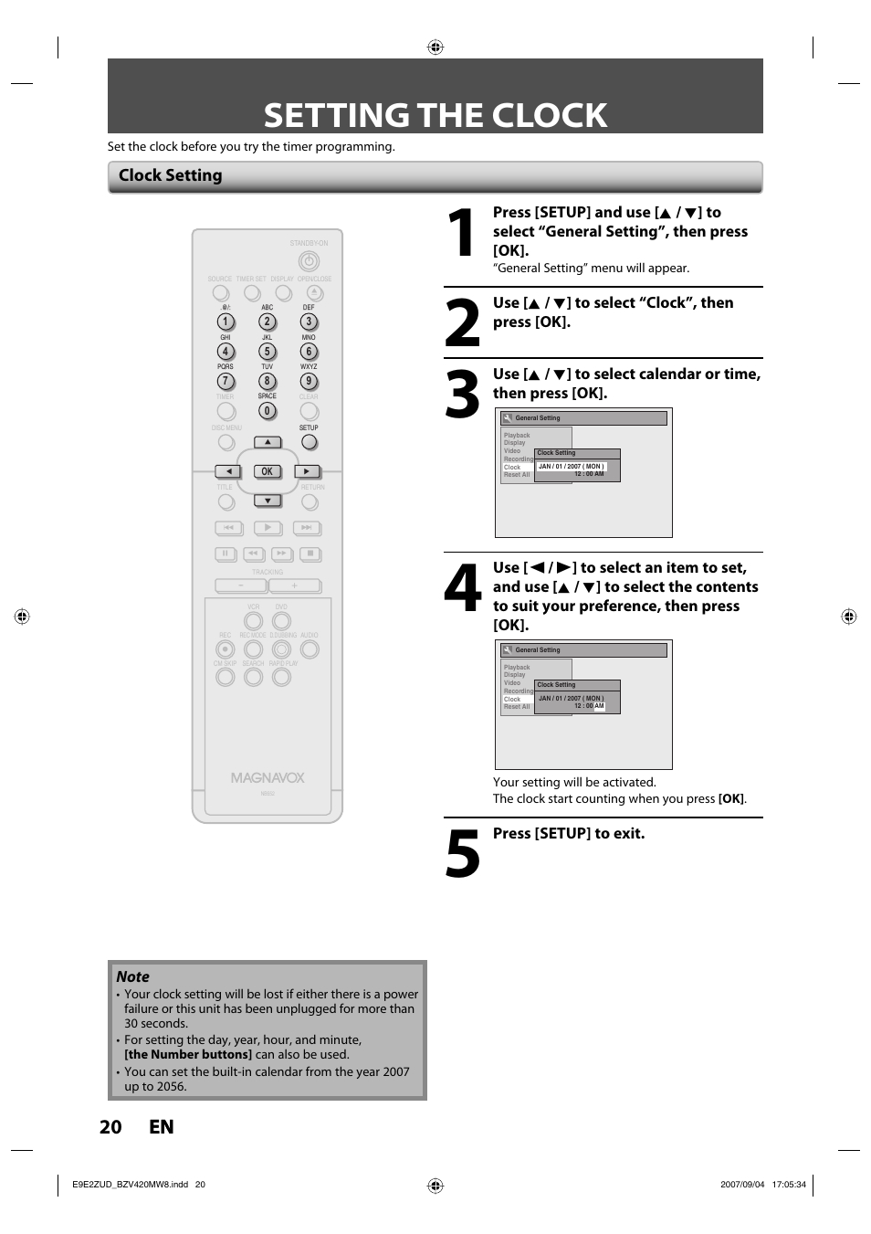 Setting the clock, 20 en 20 en, Clock setting | Use [ k / l ] to select “clock”, then press [ok | FUNAI BZV420MW8 User Manual | Page 22 / 94