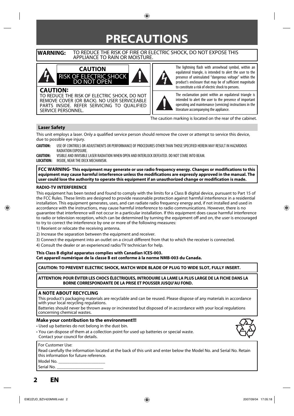 Precautions, 2en 2 en, Caution | Caution risk of electric shock do not open | FUNAI BZV420MW8 User Manual | Page 4 / 94