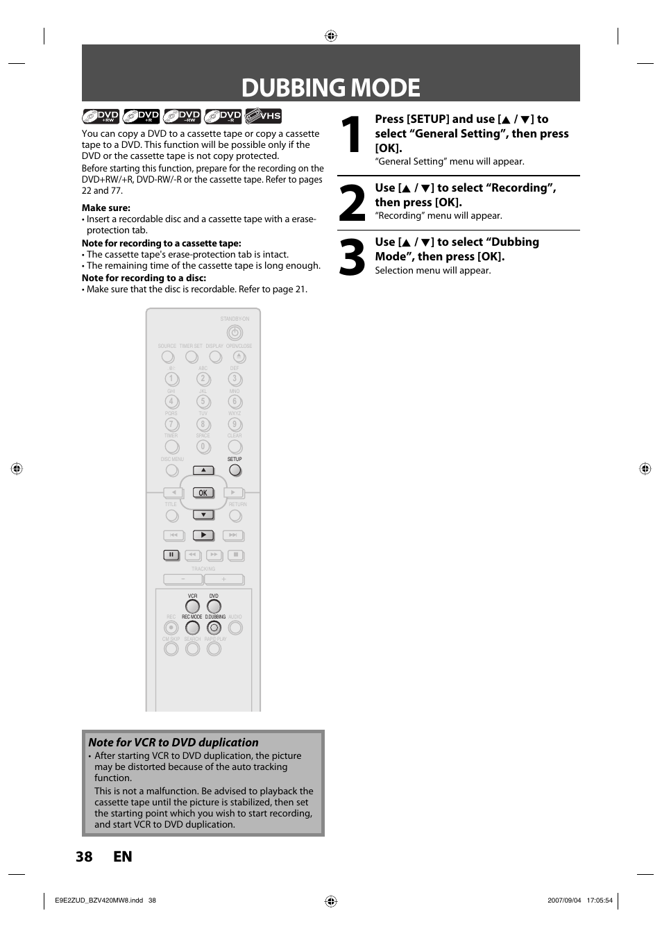 Dubbing mode, 38 en 38 en | FUNAI BZV420MW8 User Manual | Page 40 / 94