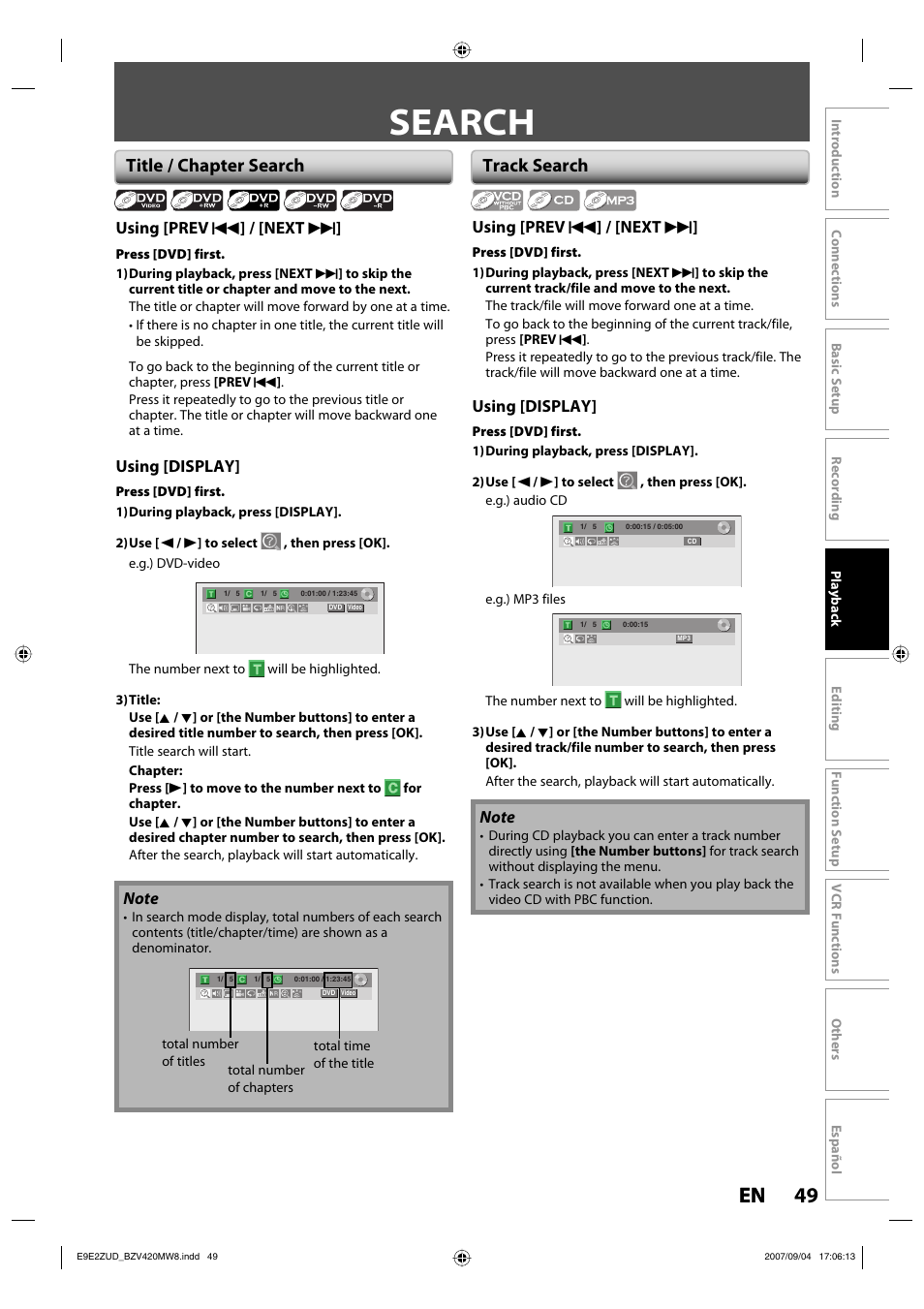 Search, 49 en 49 en, Title / chapter search | Track search | FUNAI BZV420MW8 User Manual | Page 51 / 94