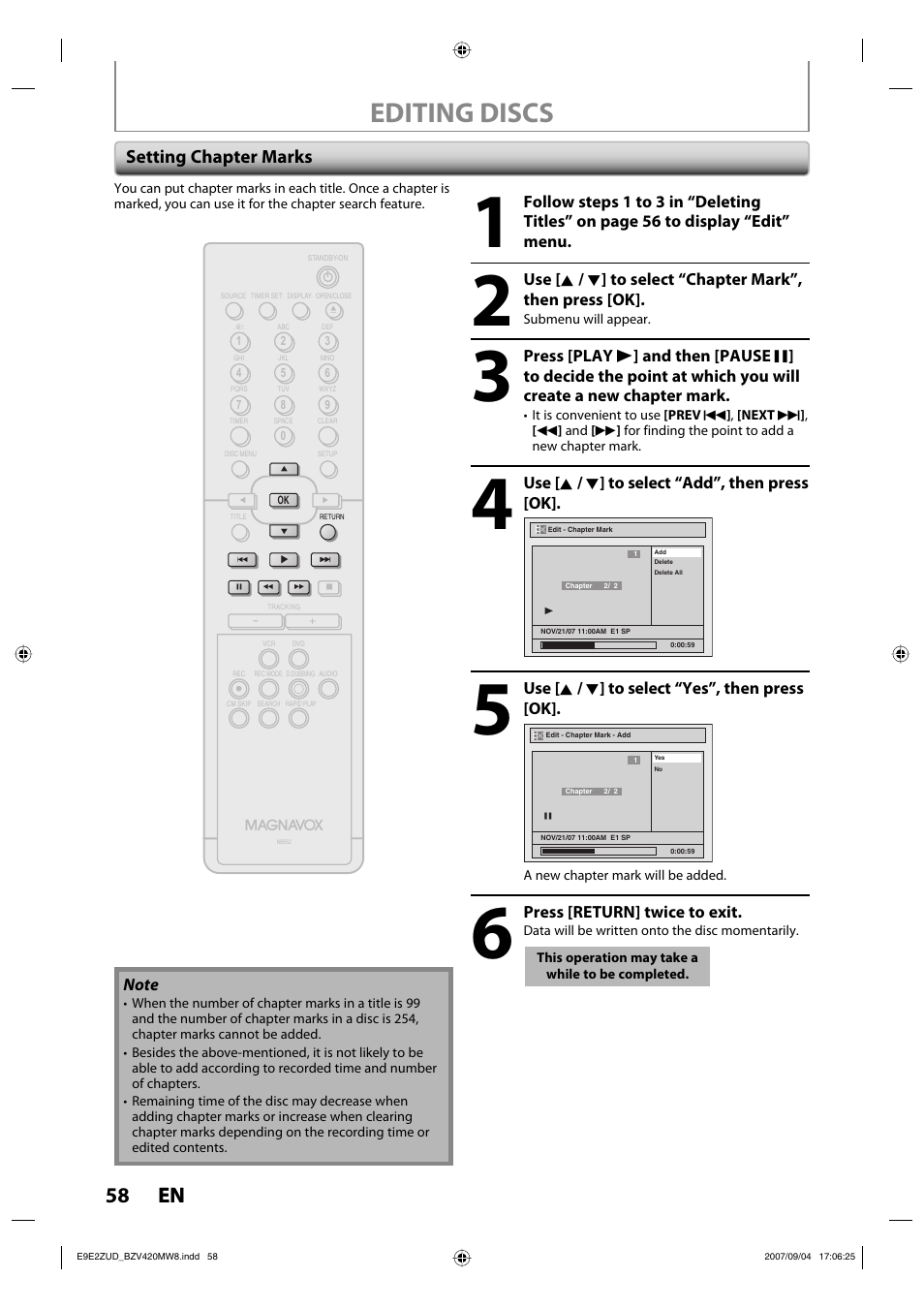 Editing discs, 58 en 58 en, Setting chapter marks | FUNAI BZV420MW8 User Manual | Page 60 / 94
