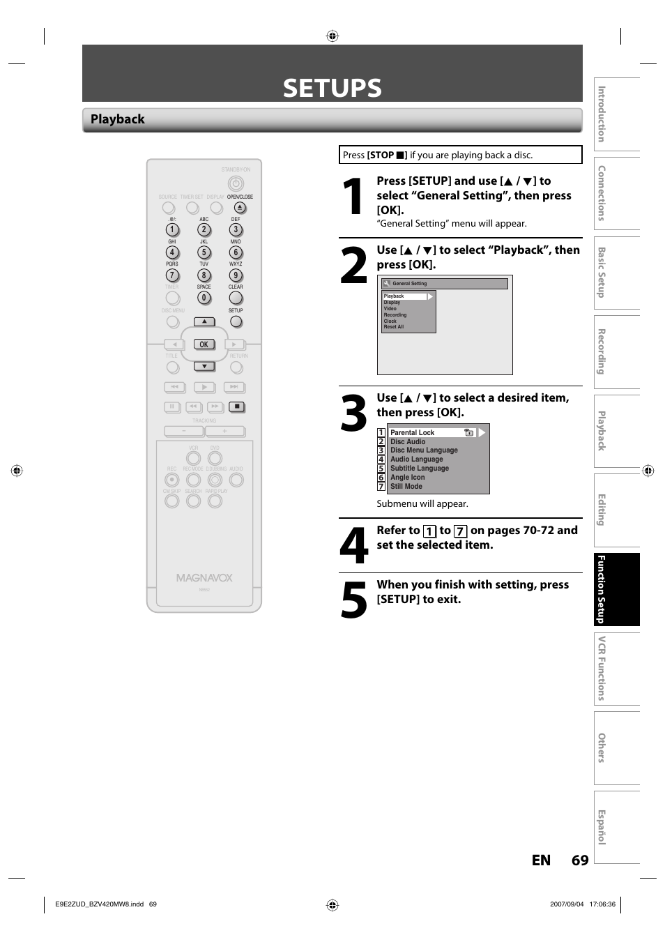 Setups, 69 en 69 en, Playback | FUNAI BZV420MW8 User Manual | Page 71 / 94