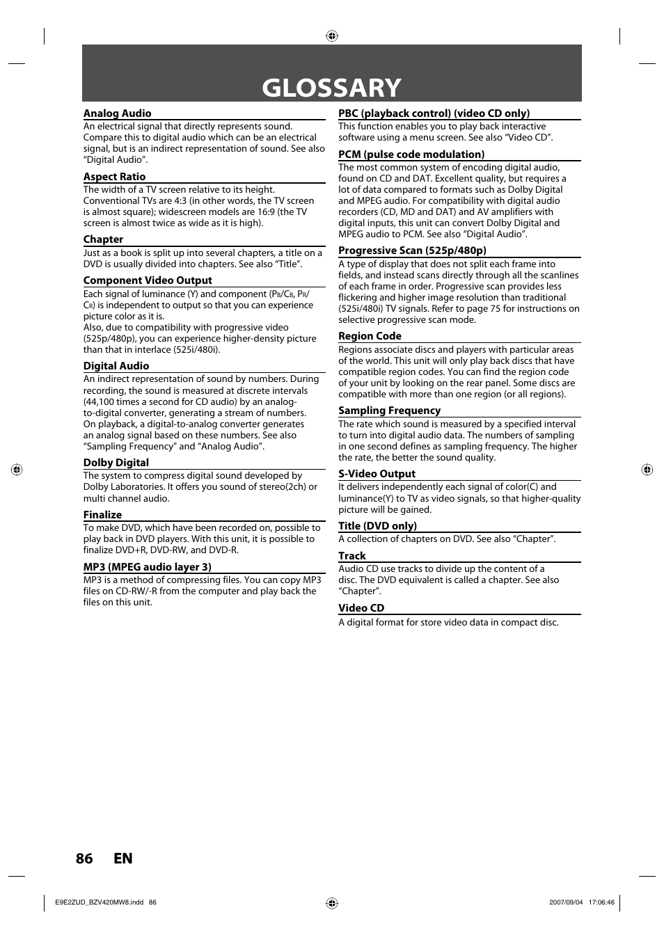 Glossary, 86 en 86 en | FUNAI BZV420MW8 User Manual | Page 88 / 94