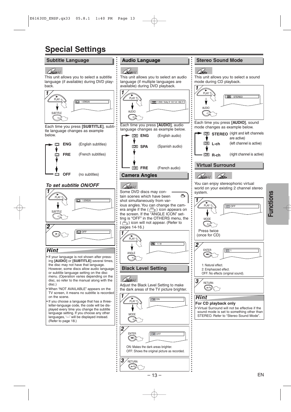 Special settings, Functions, Hint | Audio language, Stereo sound mode camera angles, Subtitle language, Black level setting, Virtual surround | FUNAI WV205F User Manual | Page 13 / 20