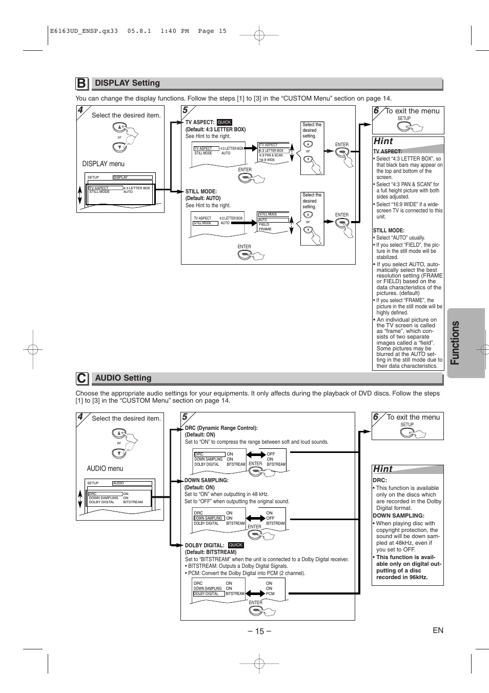 Functions, Hint, Display setting | Audio setting | FUNAI WV205F User Manual | Page 15 / 20