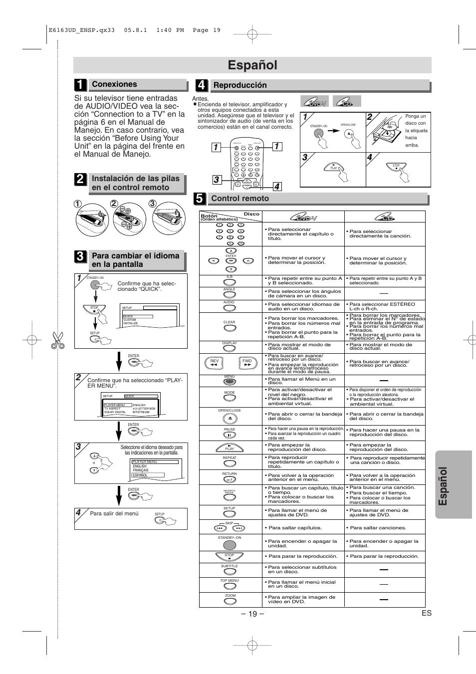 Español, Conexiones, Para cambiar el idioma en la pantalla | Reproducción, Control remoto, Instalación de las pilas en el control remoto | FUNAI WV205F User Manual | Page 19 / 20