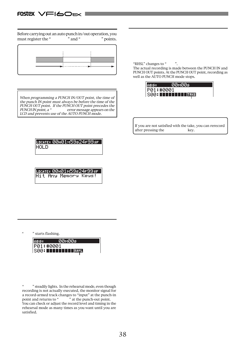 Auto punch in/out, Programming the punch in/out points, Auto punch in/out rehearsal | Auto punch in/out take | Fostex VF160EX User Manual | Page 38 / 158