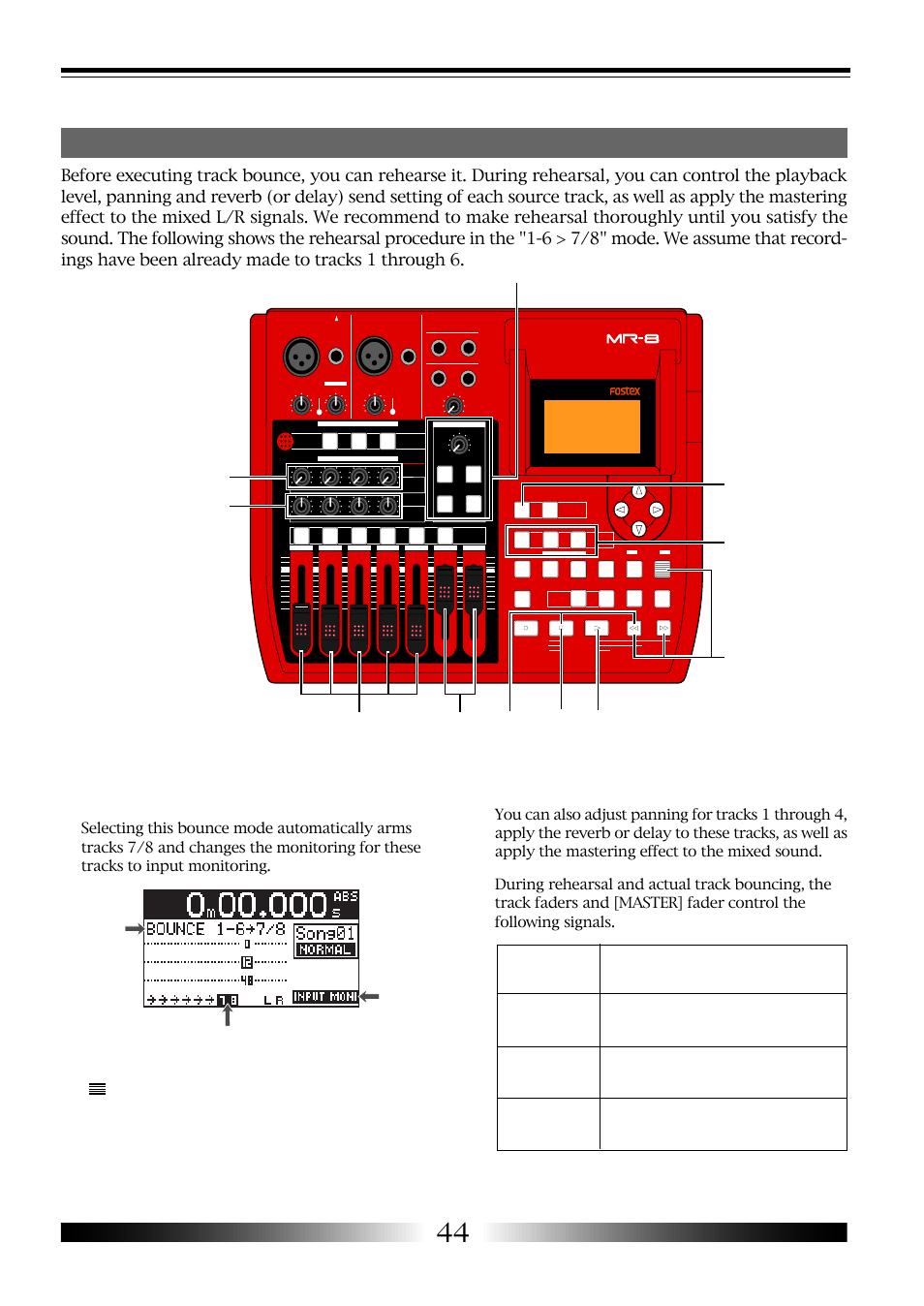 Rehearsal of track bounce, Mr-8 owner’s manual, Lights up | Lights up flashing | Fostex MR-8 User Manual | Page 44 / 102